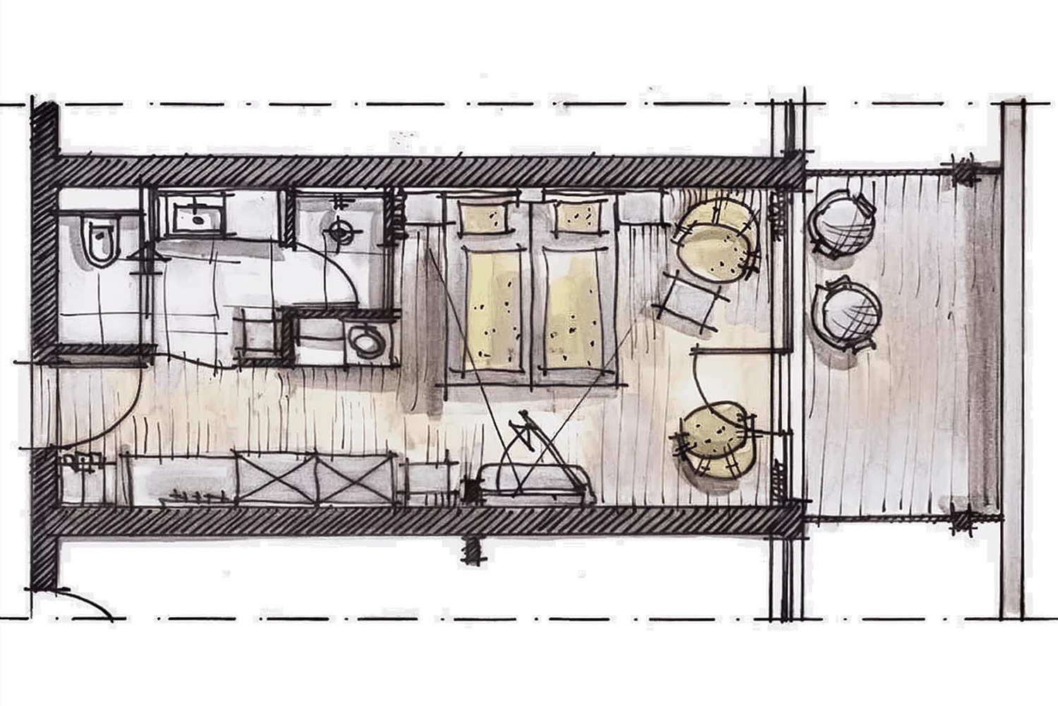 Handgezeichneter Grundriss einer kleinen Wohnung mit Bad, Küche, zwei Einzelbetten, zwei Stühlen, einem kleinen Tisch und einer Terrasse mit zwei runden Tischen und Stühlen.