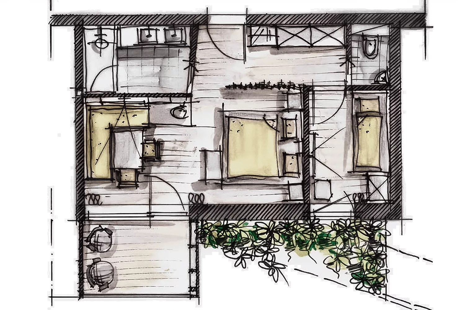 Handgezeichneter Grundriss eines Hauses, der zwei Schlafzimmer, eine Küche, Badezimmer, einen Essbereich und eine Terrasse mit Pflanzen am unteren Rand zeigt.