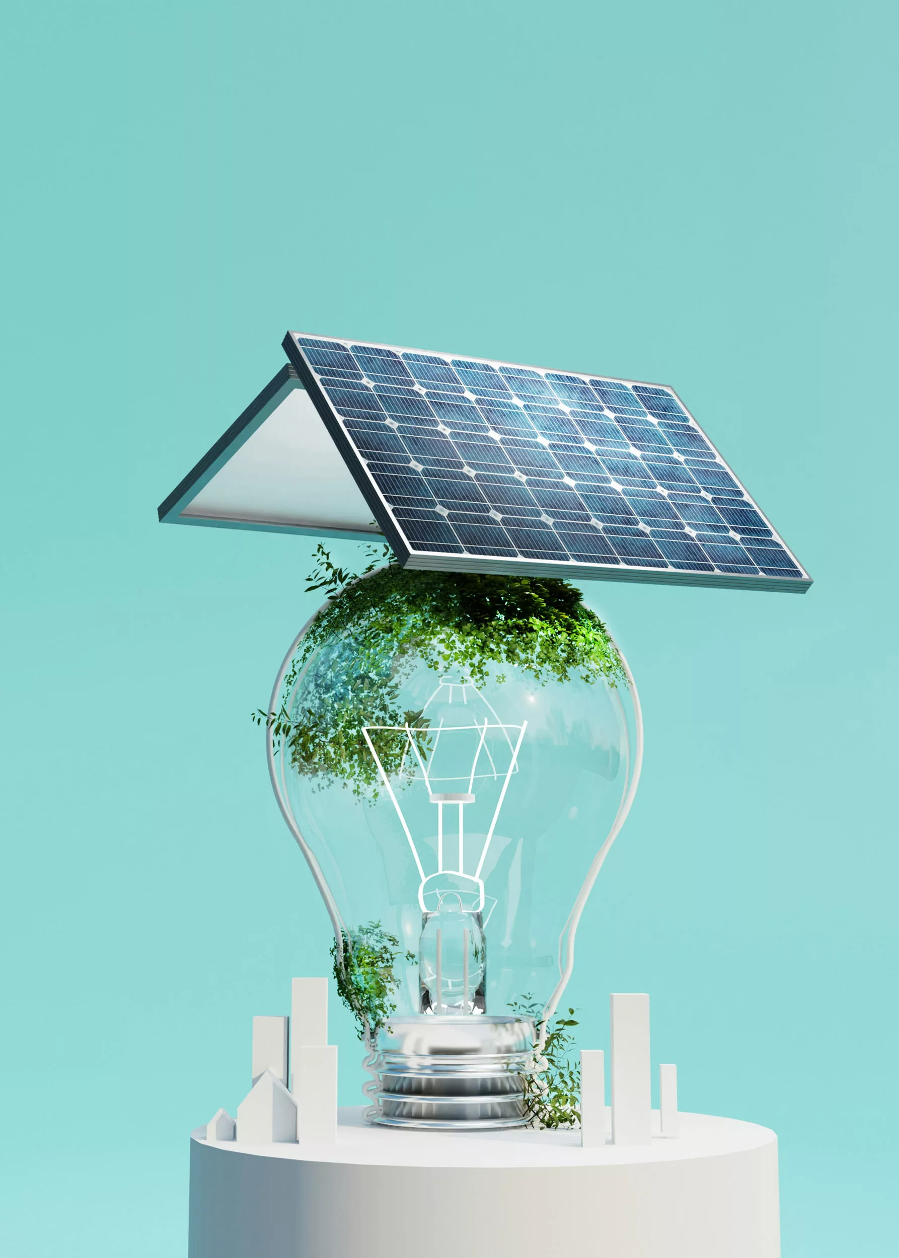 Auf einer mit grünen Pflanzen gefüllten Glühbirne befindet sich ein Solarpanel, das für erneuerbare Energie und Nachhaltigkeit steht; am Sockel sind kleine weiße Gebäude zu sehen, alles vor einem blaugrünen Hintergrund.
